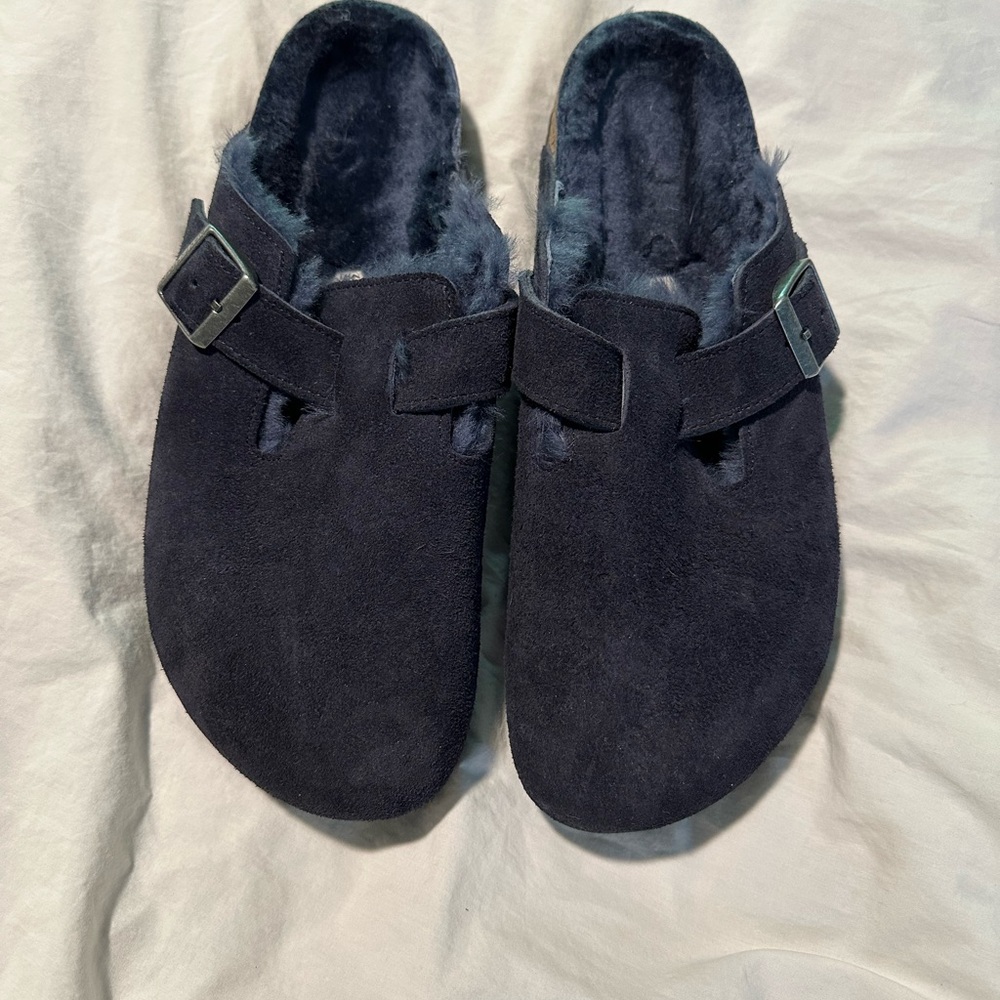 Birkenstock Dark Blue Suede Clogs with Buckle
